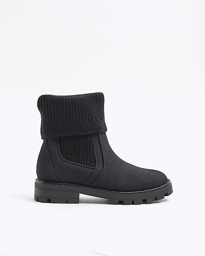 Black nubuck rib sock Chelsea boots River Island