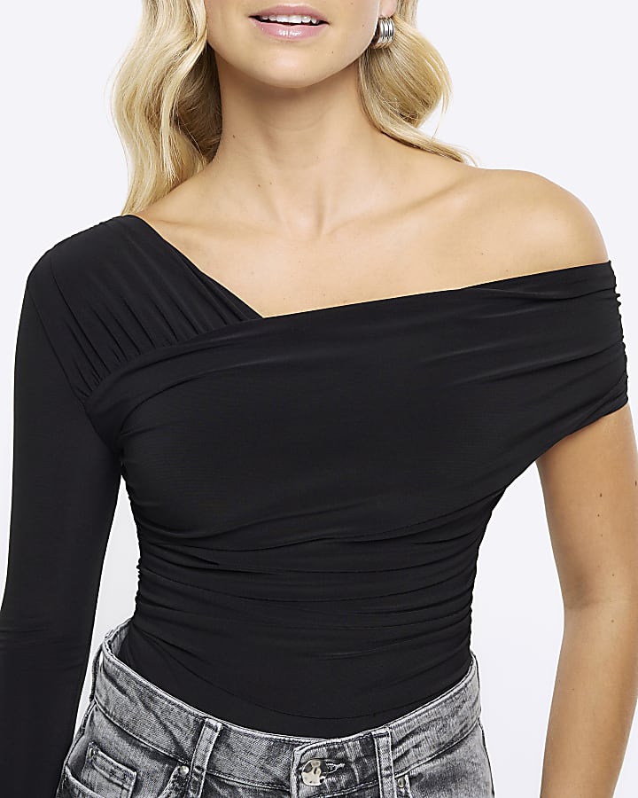 Black ruched asymmetric bodysuit