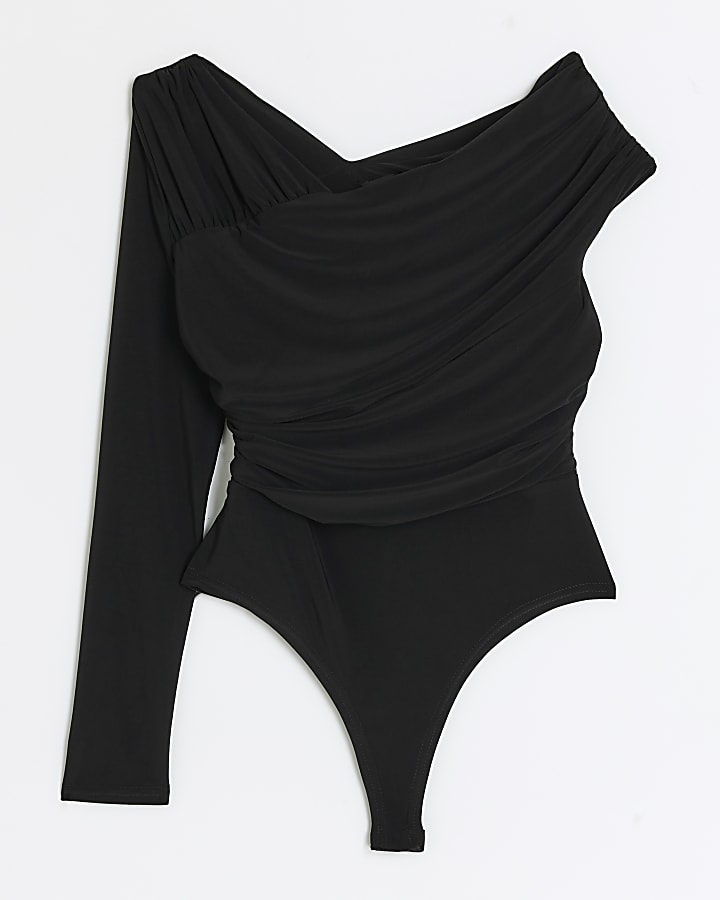 Black ruched asymmetric bodysuit