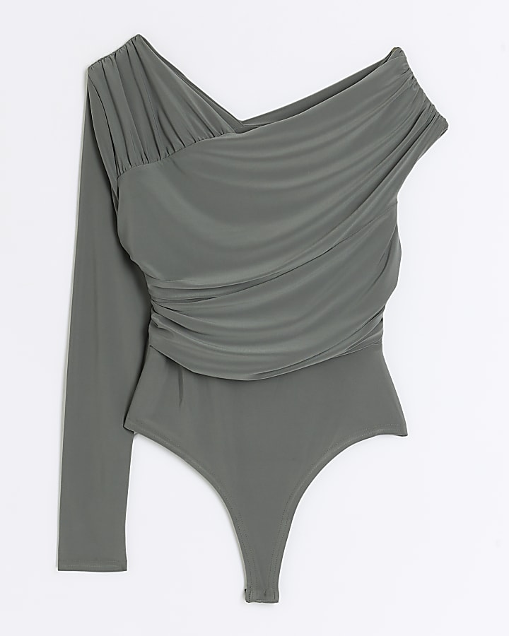 Khaki ruched asymmetric bodysuit