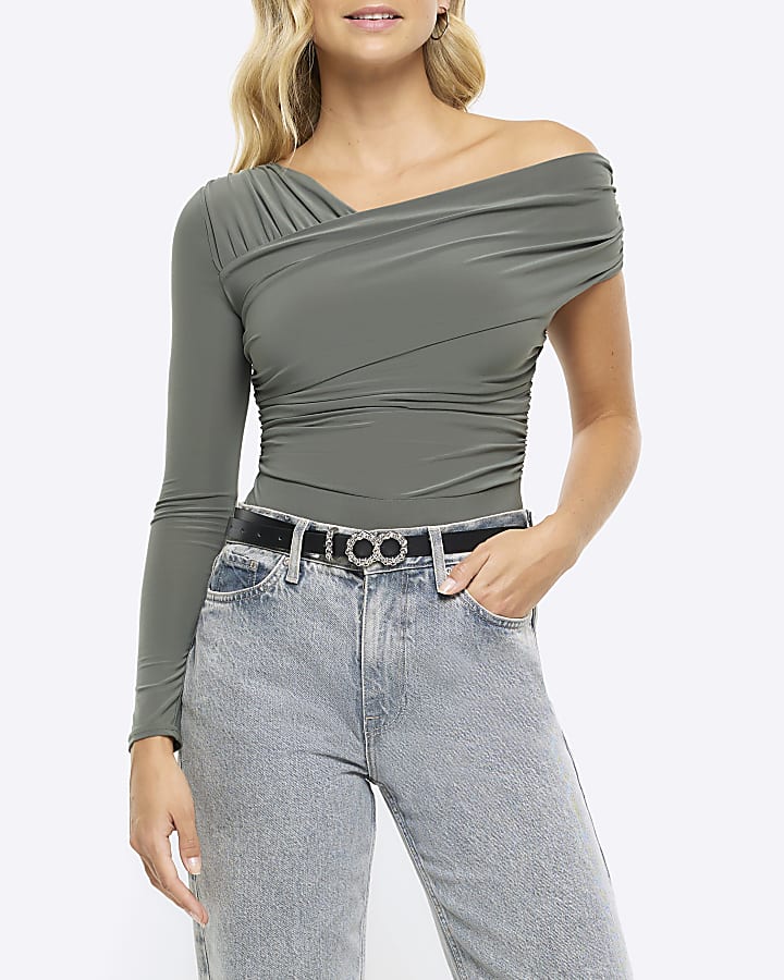 Khaki ruched asymmetric bodysuit