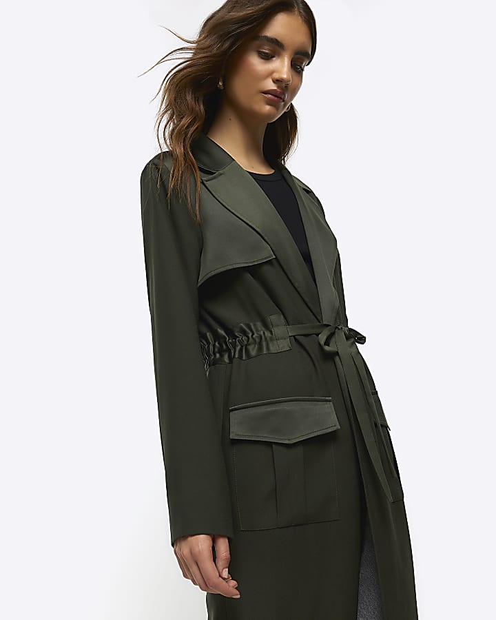 Khaki satin belted longline duster coat