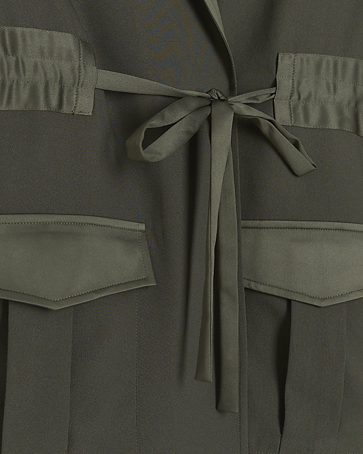 Khaki satin belted longline duster coat