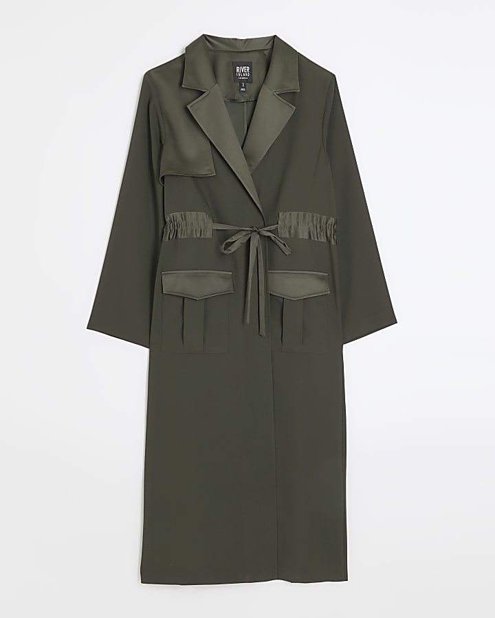 Khaki satin belted longline duster coat