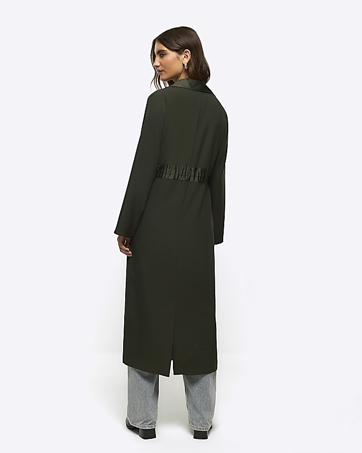 Khaki satin belted longline duster coat