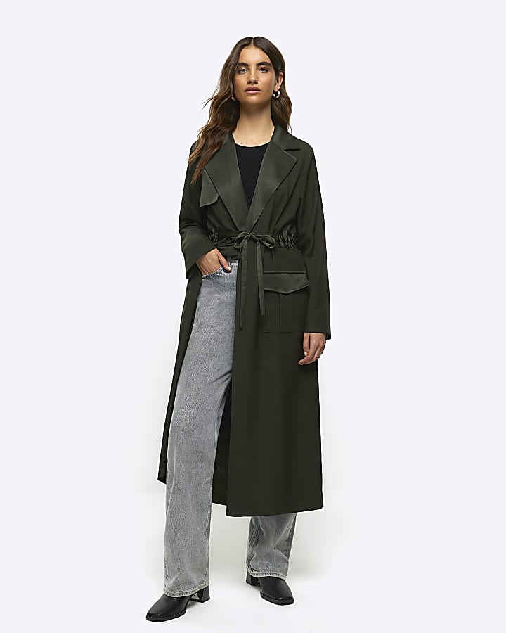 Khaki satin belted longline duster coat River Island