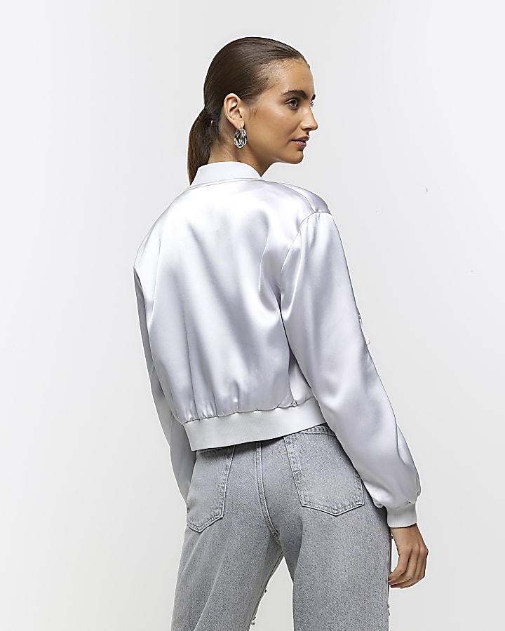 Silver satin tailored bomber jacket