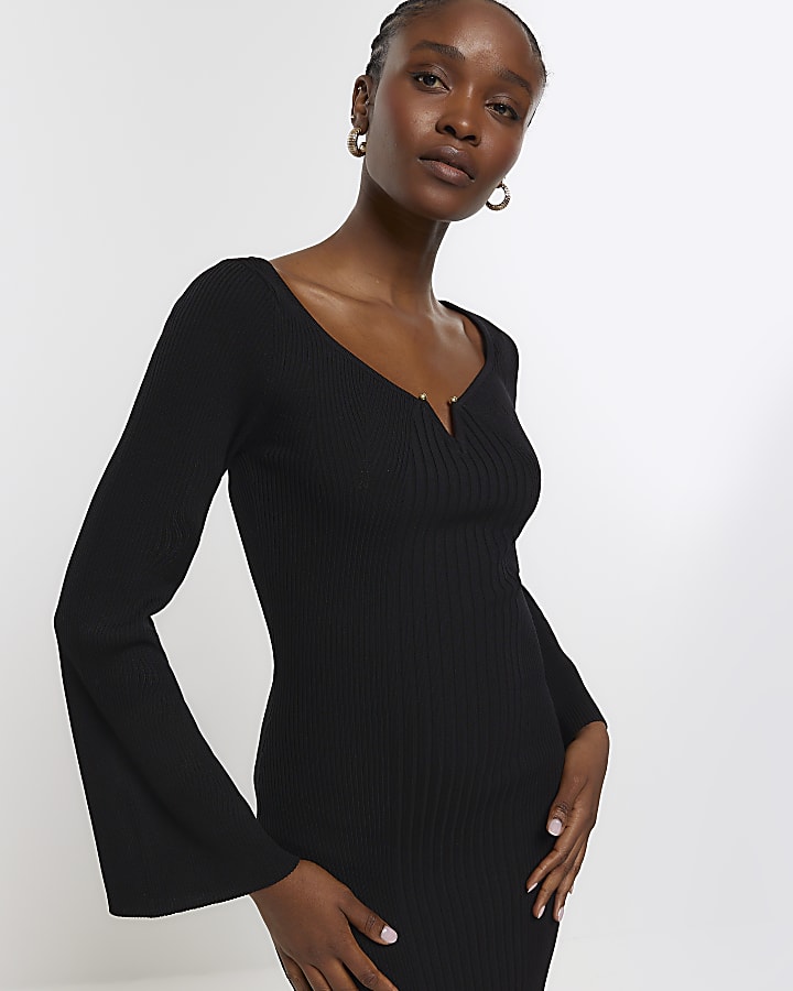 Black rib long sleeve bodycon midi dress