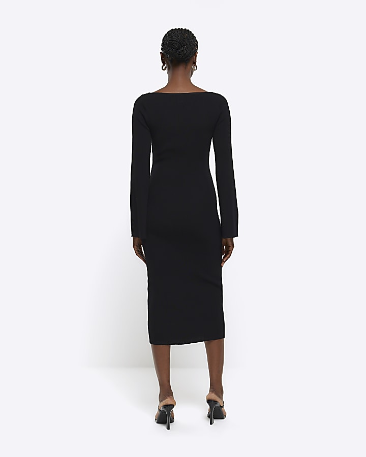 Black rib long sleeve bodycon midi dress