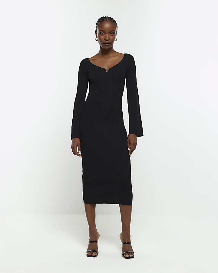 Black rib long sleeve bodycon midi dress