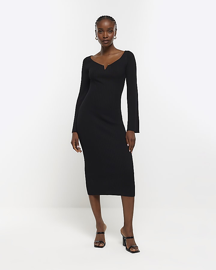 Black rib long sleeve bodycon midi dress