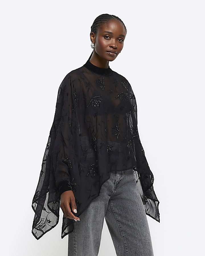 Black embellished cape top River Island