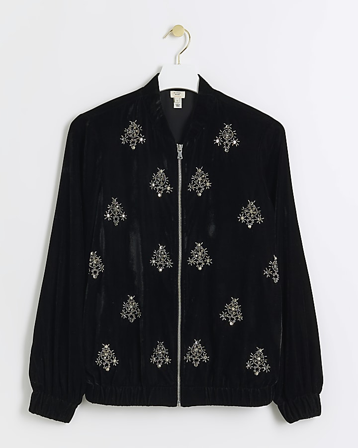 Black velvet embellished bomber jacket