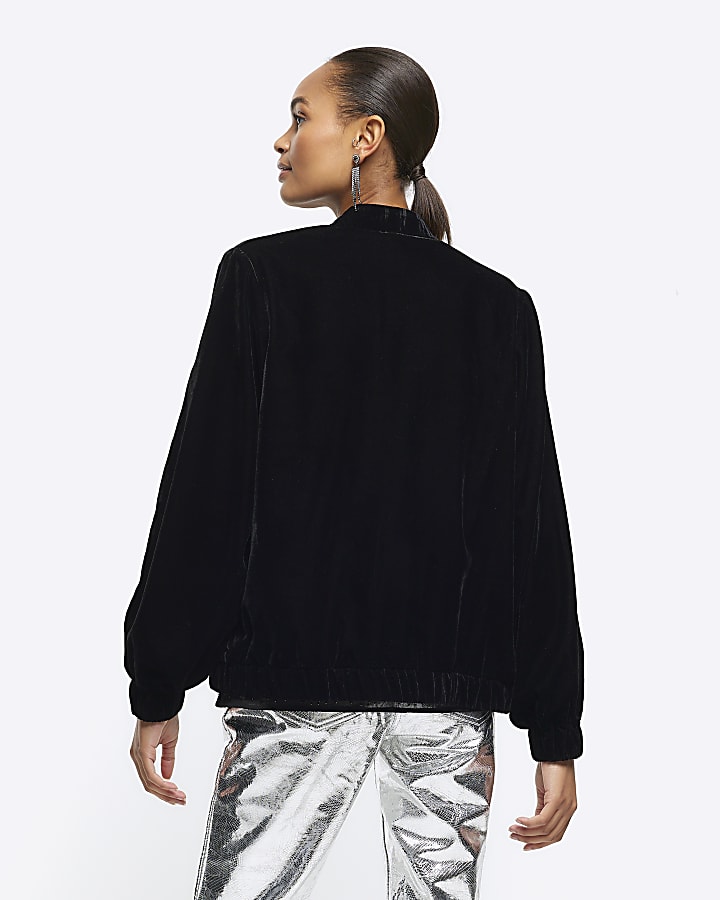 Black velvet embellished bomber jacket