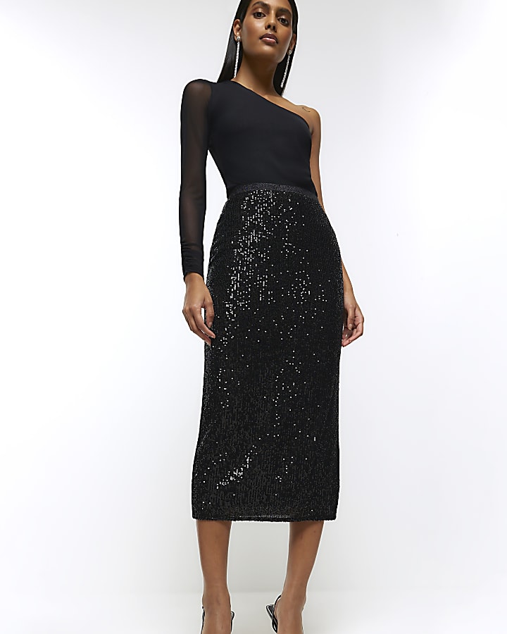 Black sequin midi skirt