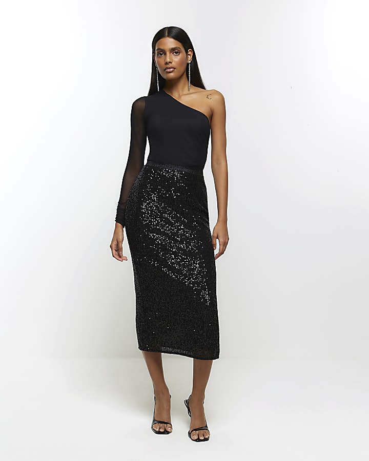 Black sequin midi skirt