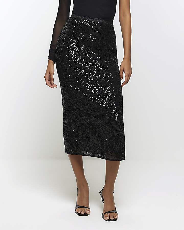 Black sequin midi skirt