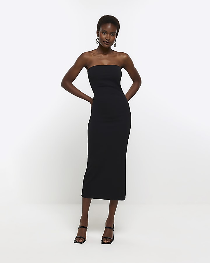 Black bandeau bodycon midi dress River Island