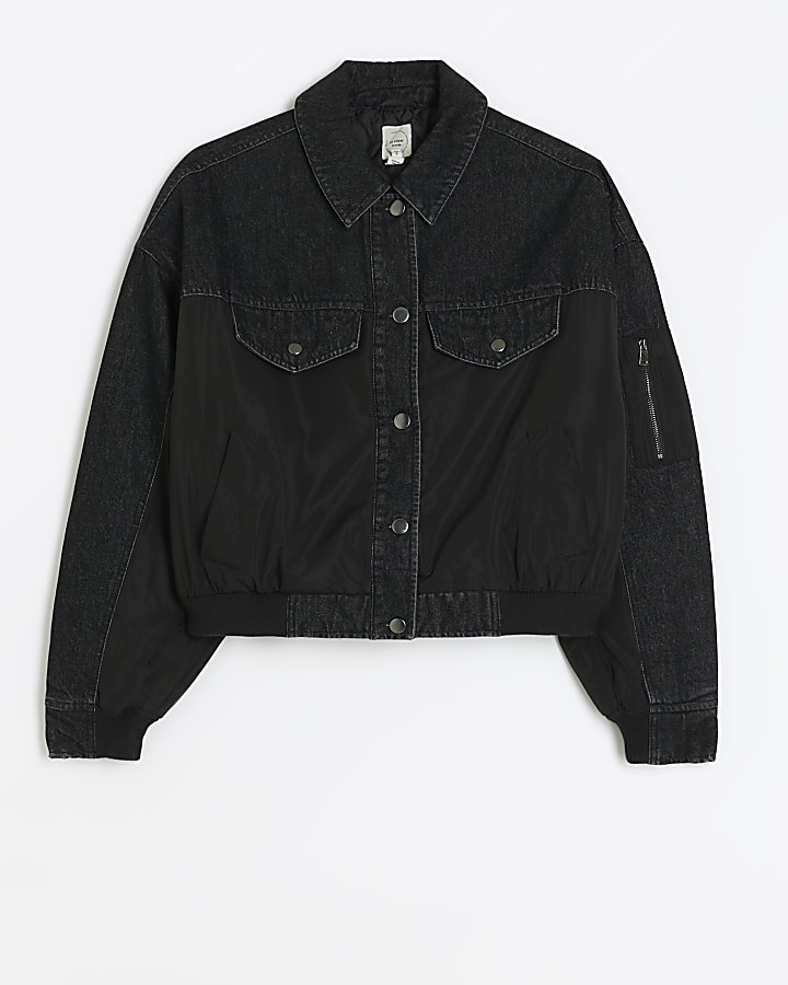 Black denim hybrid bomber jacket