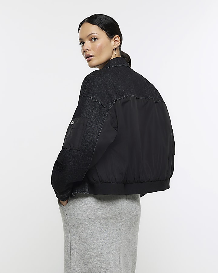 Black denim hybrid bomber jacket