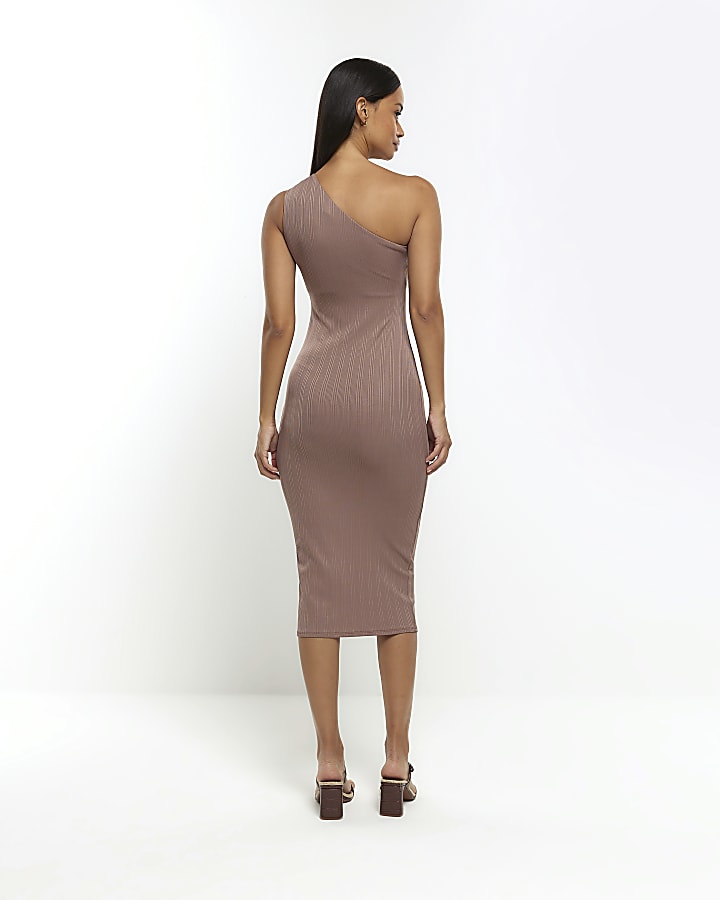 Taupe one shoulder bodycon midi dress