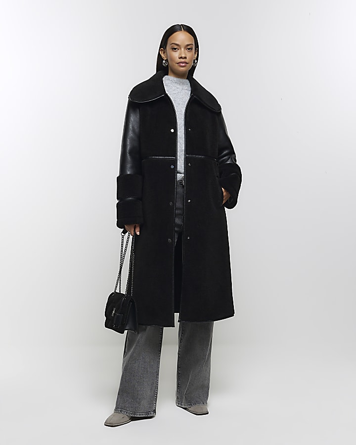 Black longline shearling coat River Island