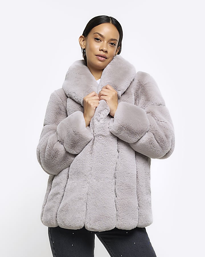 Grey panelled faux fur coat