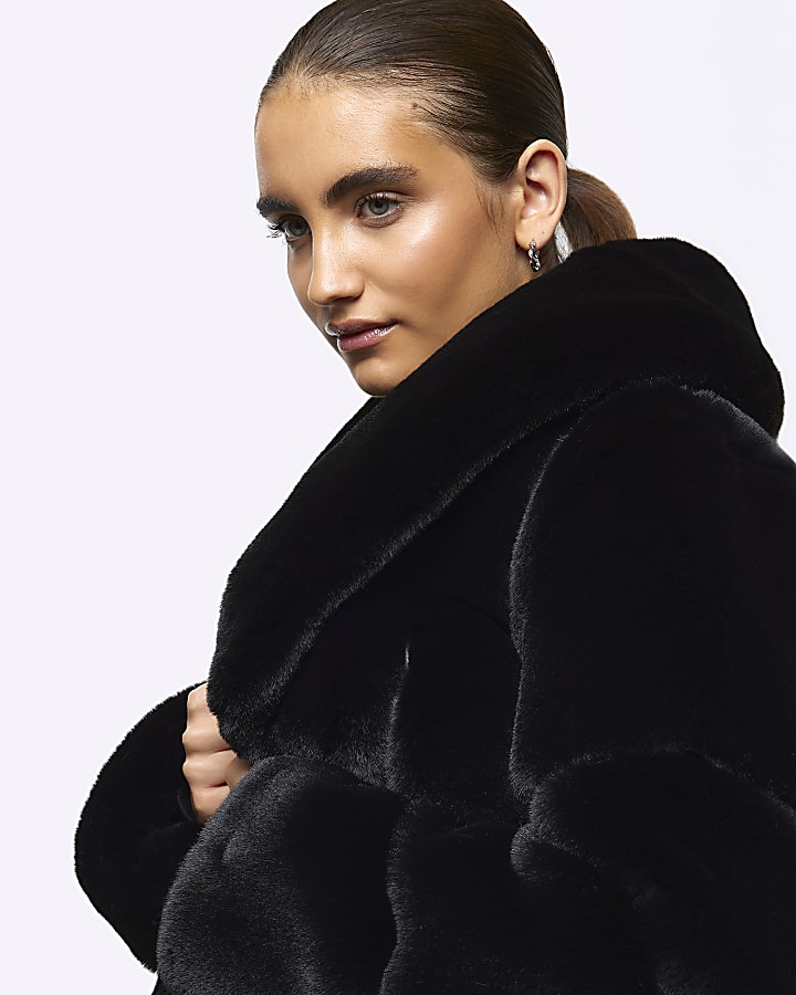 Black panelled faux fur coat