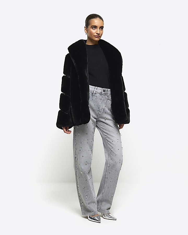 Black panelled faux fur coat
