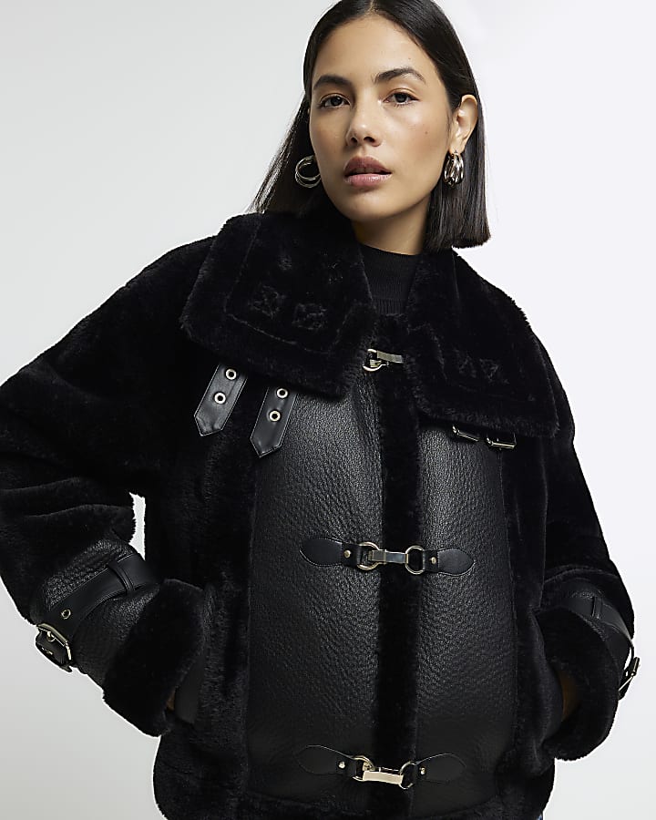 Black faux leather duffle aviator jacket