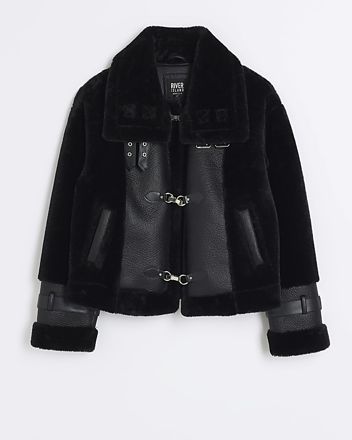 Black faux leather duffle aviator jacket