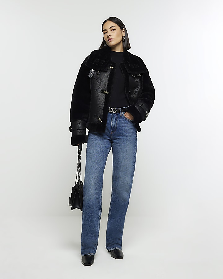 Black faux leather duffle aviator jacket