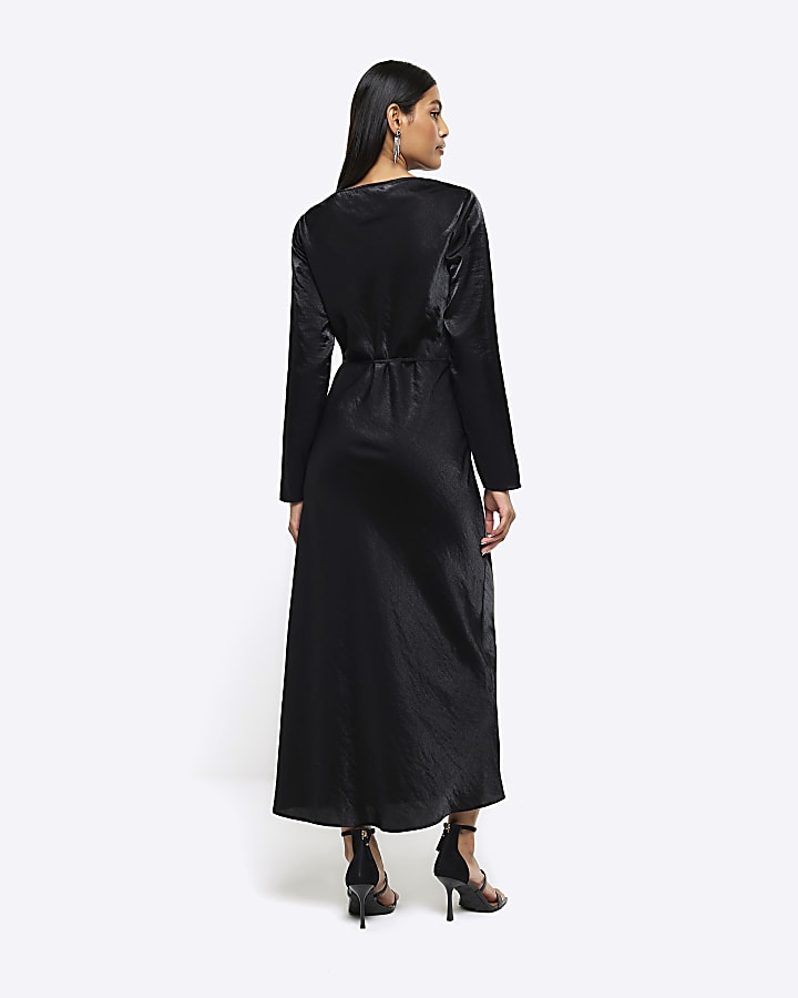 Black long sleeve cowl neck column dress