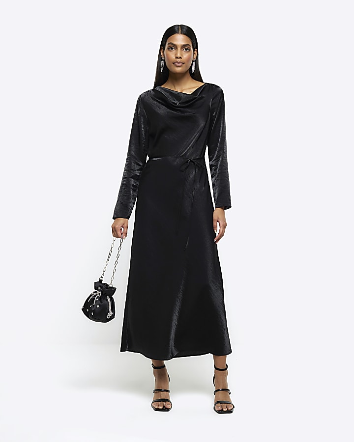 Black long sleeve cowl neck column dress