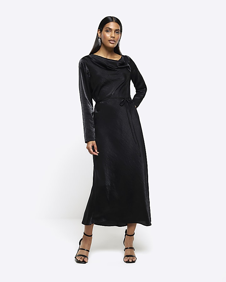 Black long sleeve cowl neck column dress