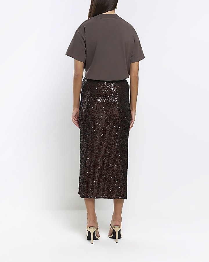 Brown sequin midi skirt