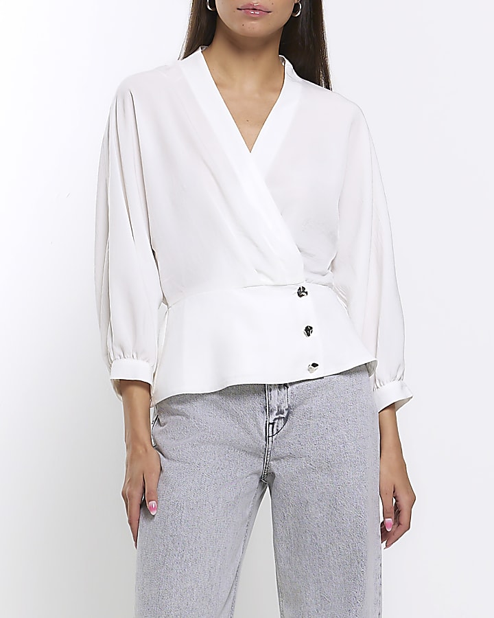 White long sleeve wrap blouse