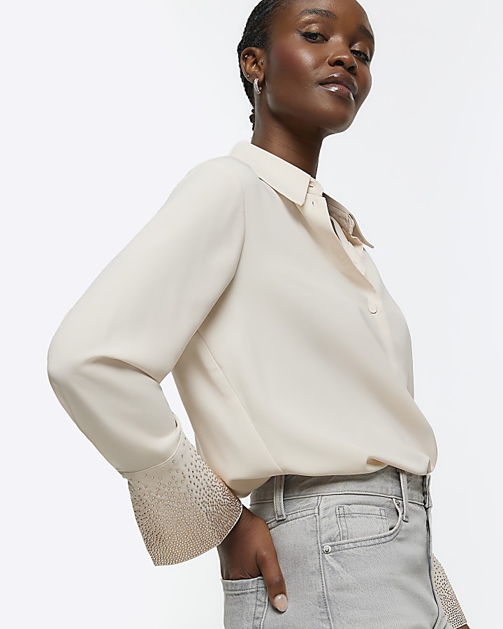 Beige satin diamante cuff shirt