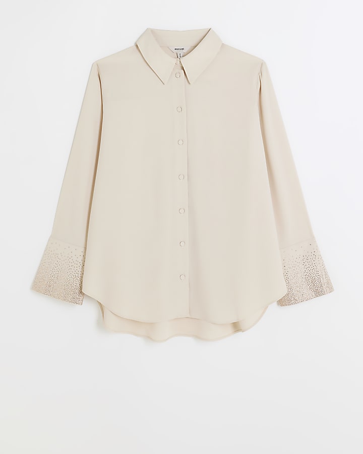 Beige satin diamante cuff shirt