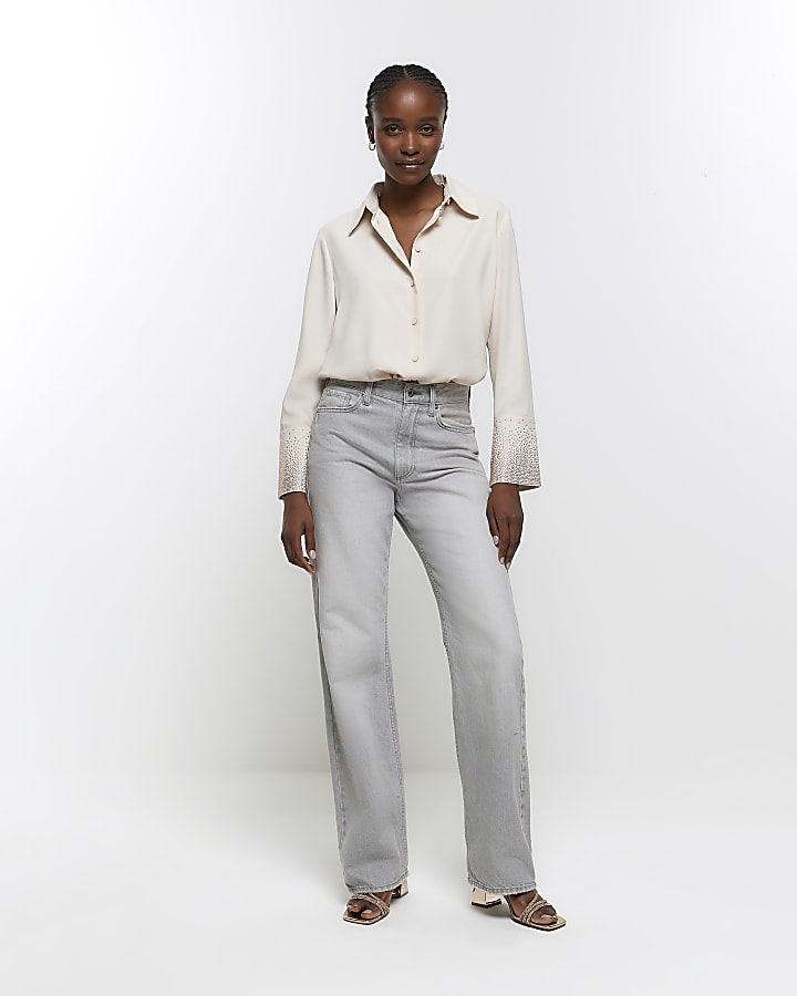 Beige satin diamante cuff shirt