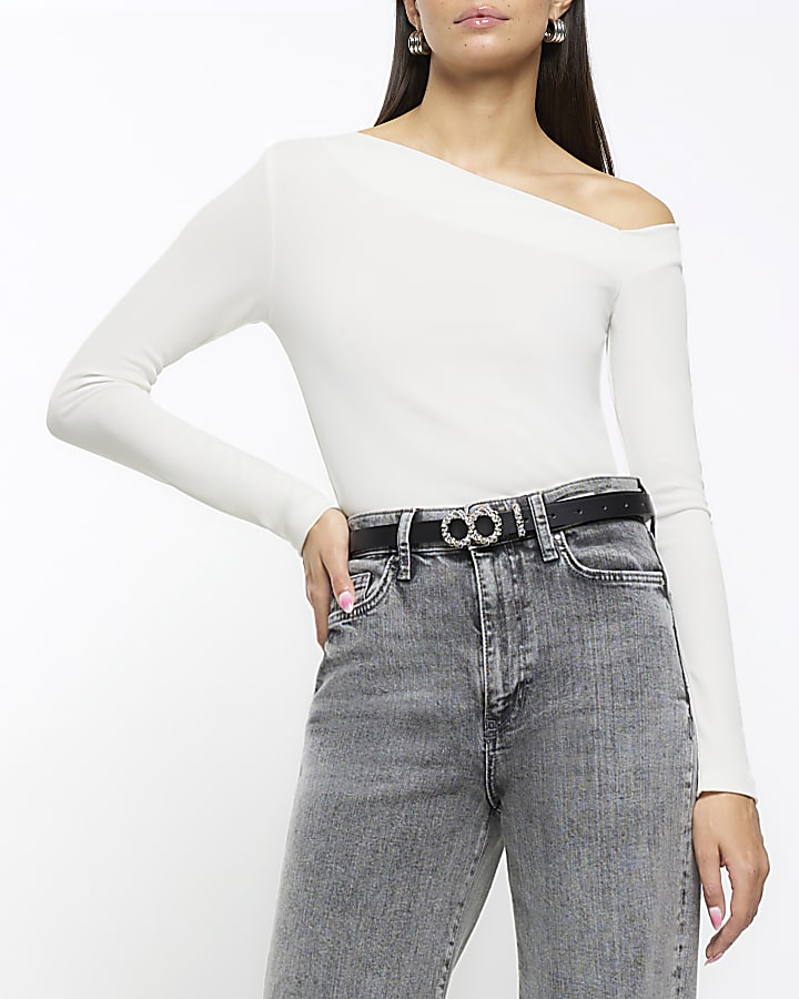 Cream off shoulder long sleeve top River Island