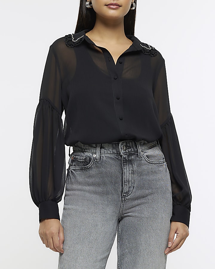 Black chiffon embellished shirt River Island