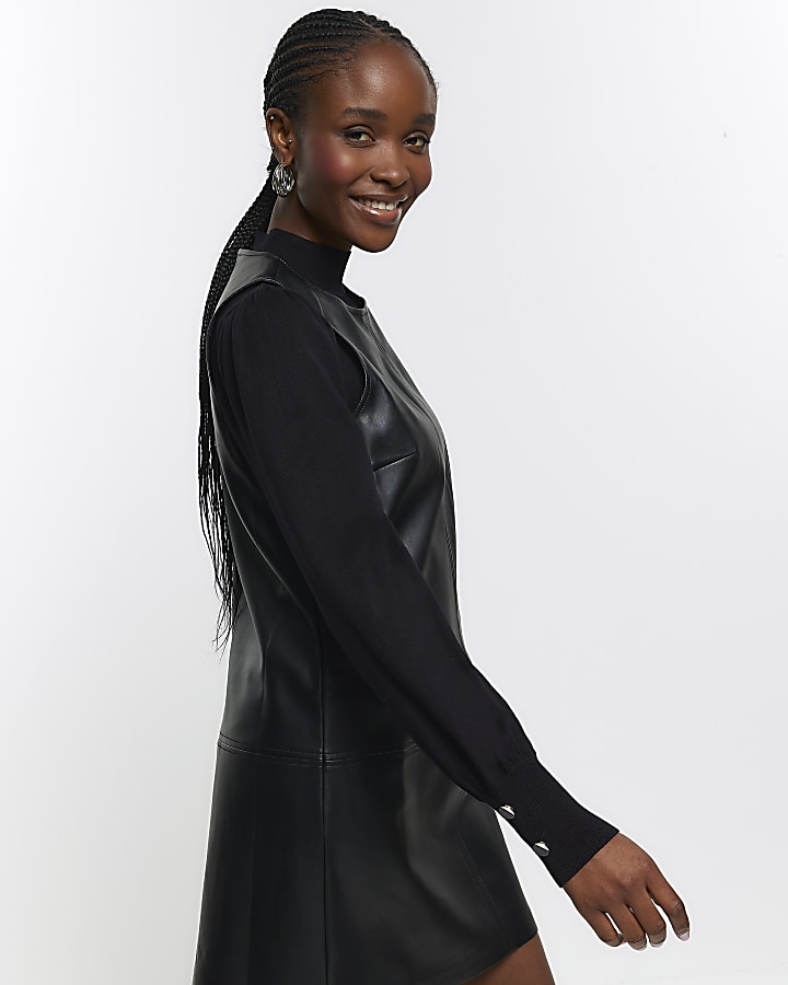 Black faux leather shift mini dress
