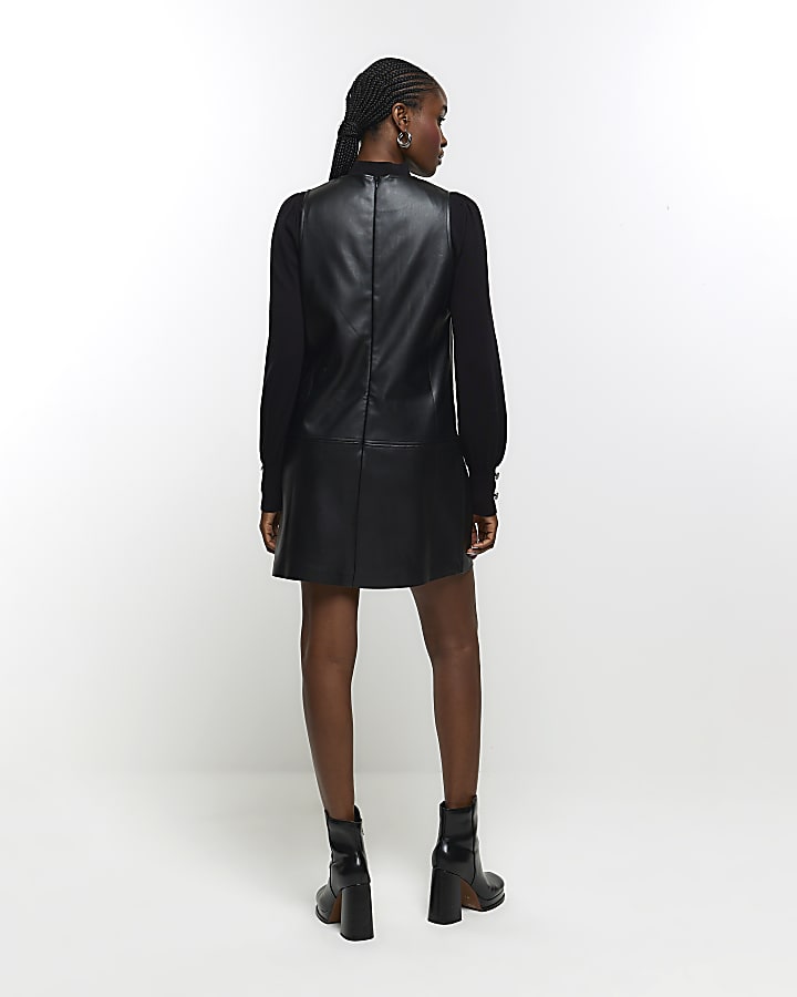 Black faux leather shift mini dress