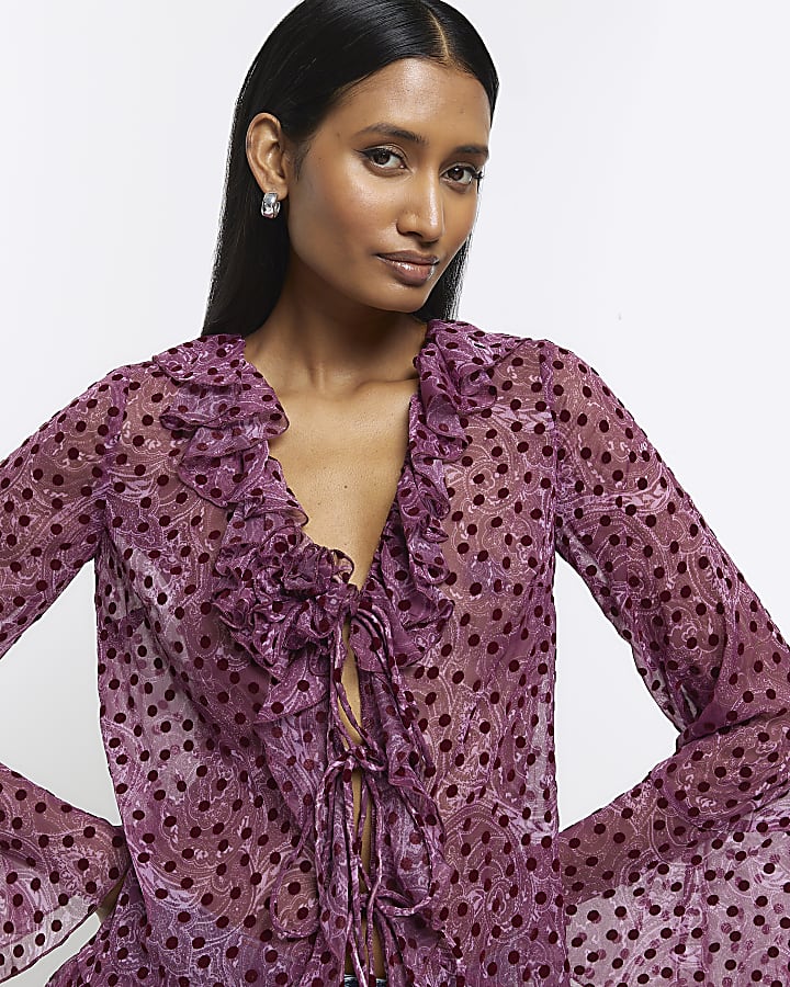 Purple paisley frill tie up blouse