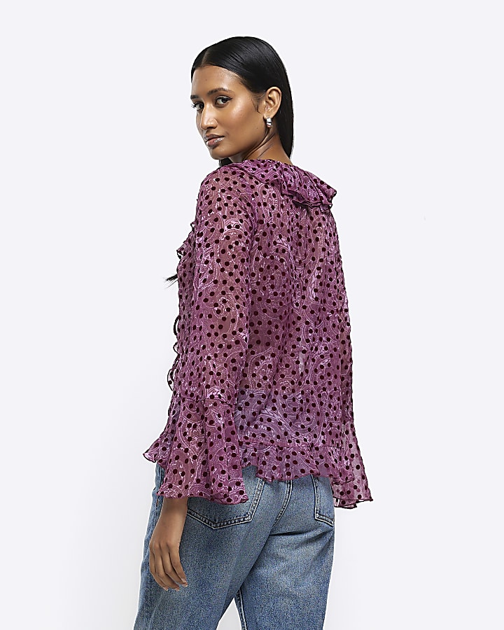 Purple paisley frill tie up blouse