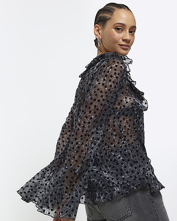 Black chiffon spot frill blouse