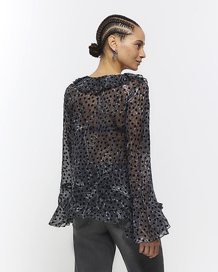 Black chiffon spot frill blouse