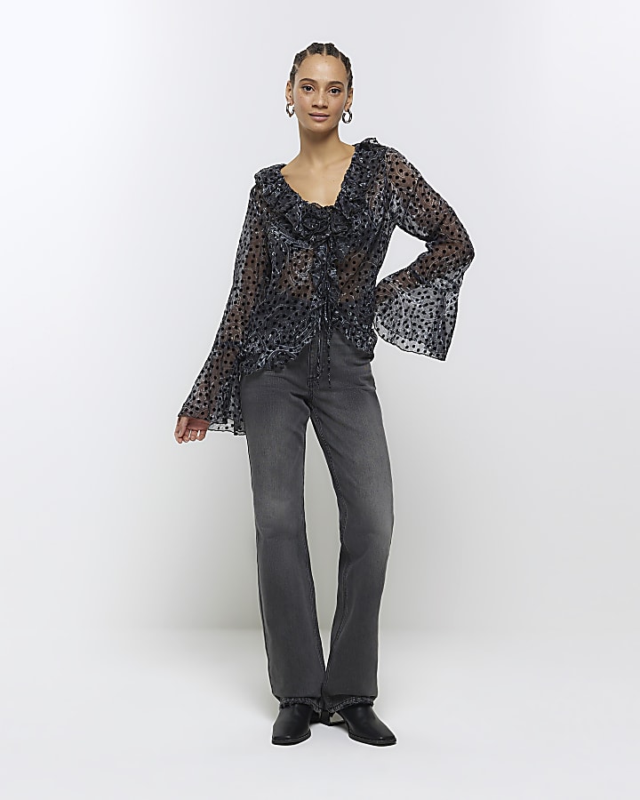 Black chiffon spot frill blouse