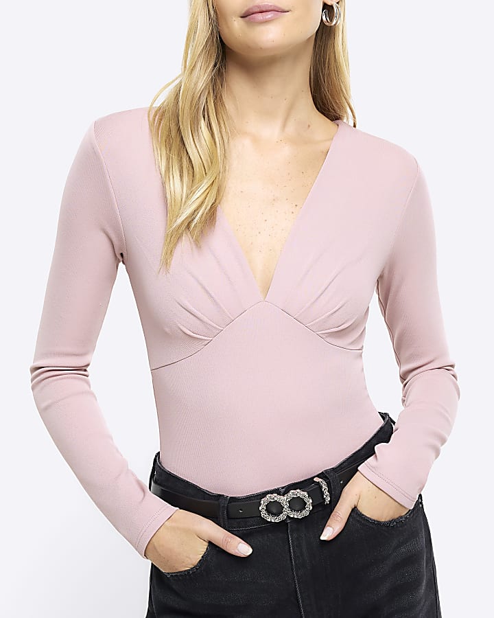 Pink plunge long sleeve bodysuit